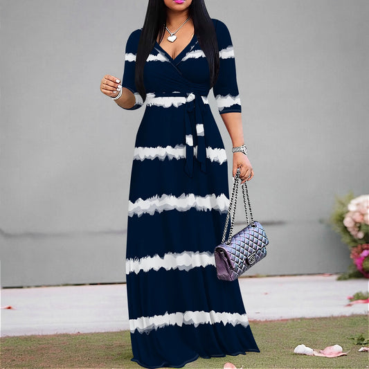 Colorful Tie-Dye V-Neck 3/4 Sleeve Wrap Maxi Dress for Women