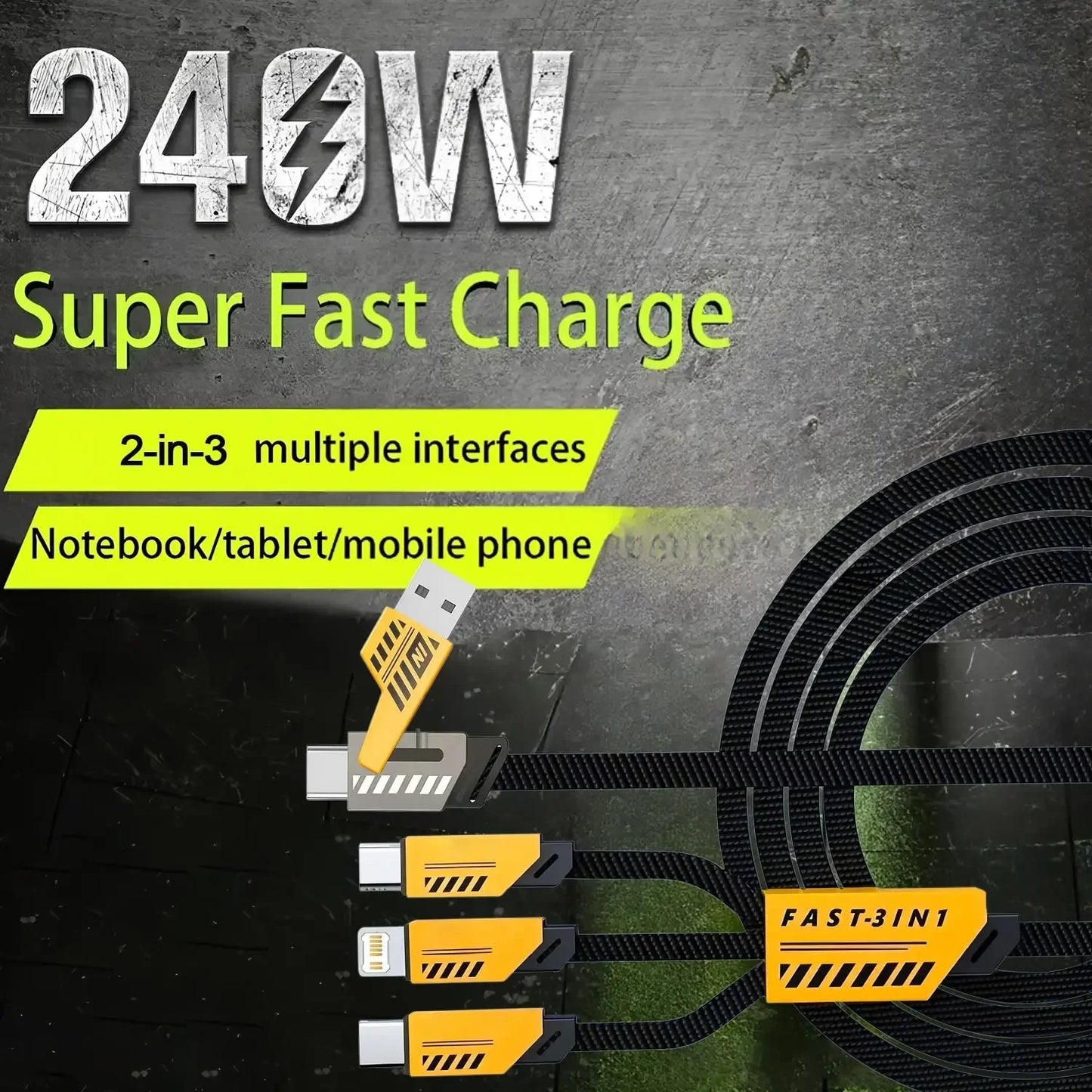 3-in-2 Fast Charging Cord - Multi USB Charger Cable 1.2m