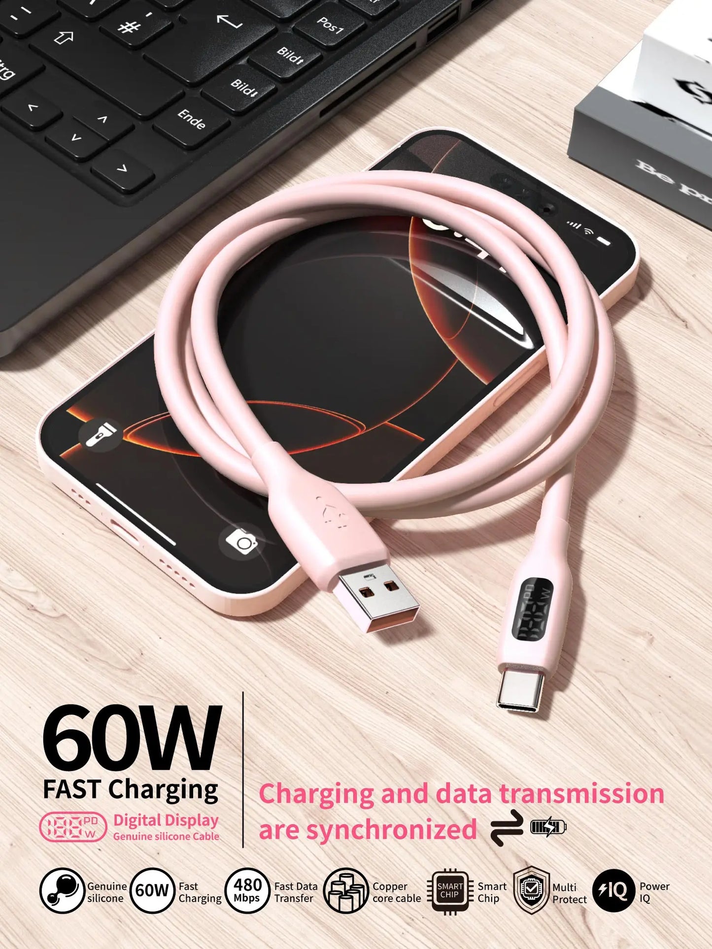 60W USB-A to USB-C Fast Charging Cable | Flexible Silicone Charger