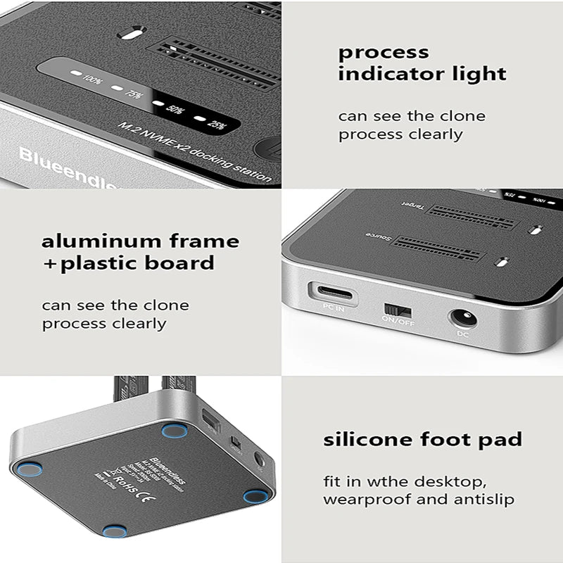 Dual-Bay M.2 NVMe SSD Cloning Dock | Fast USB 20Gbps Reader