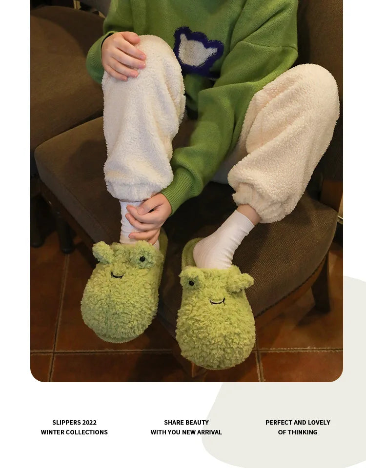 Lindas pantuflas de felpa de rana | Zapatillas de casa cálidas de dibujos animados