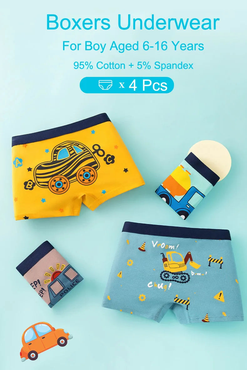 Boys Cotton Underwear | 4-Pack Cartoon Boxer Briefs for Kids