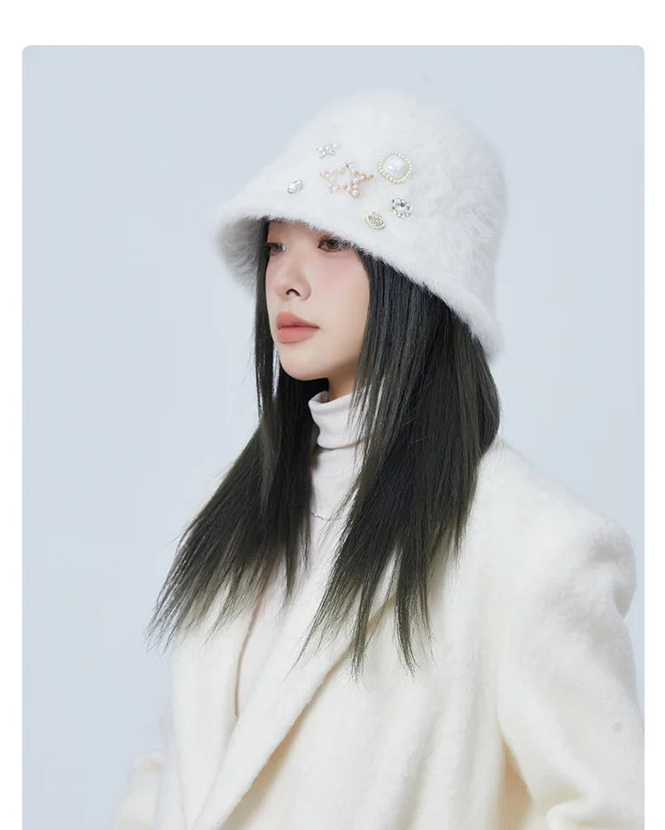 Oversized Rhinestone Rabbit Fur Bucket Hat | Stylish Warm Winter Cap