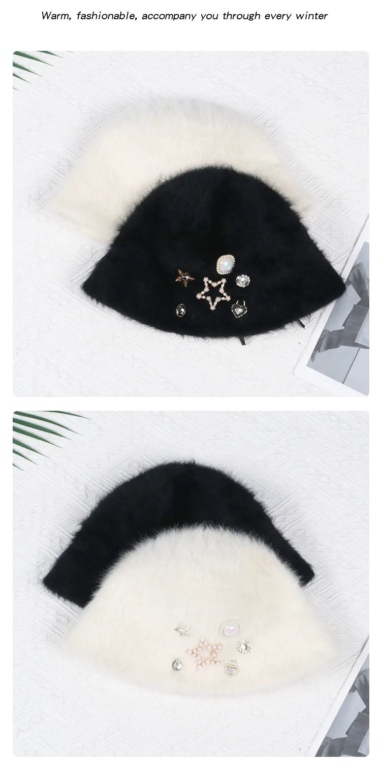 Oversized Rhinestone Rabbit Fur Bucket Hat | Stylish Warm Winter Cap