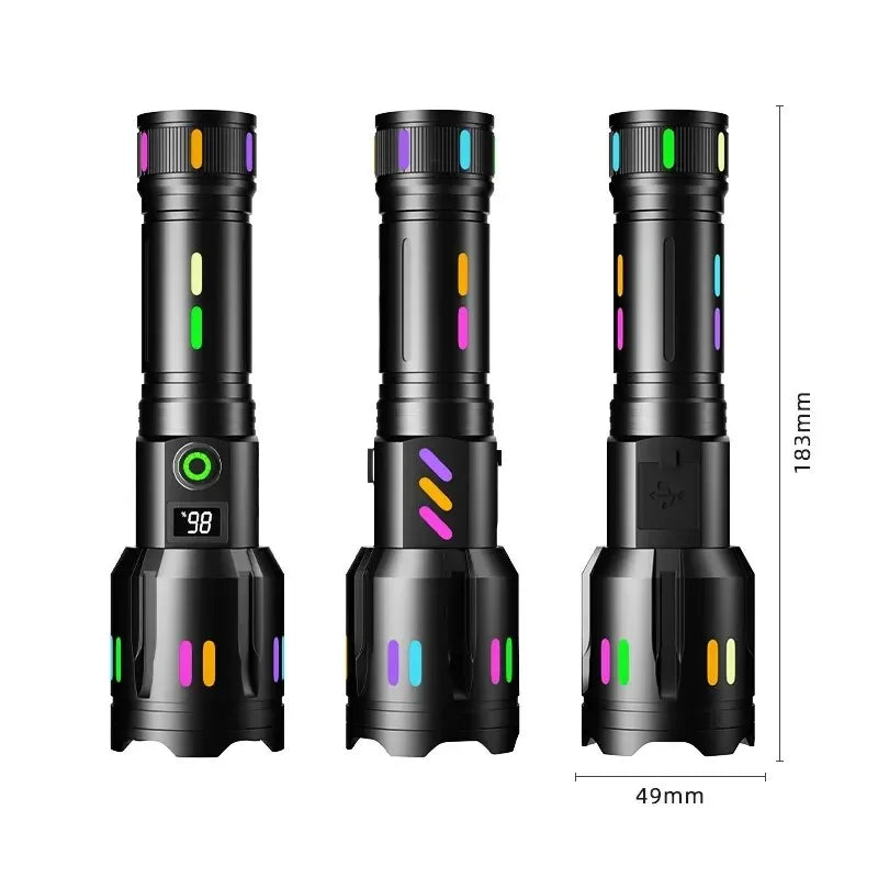 High Power Long Range LED Flashlight | Zoom & Colorful Light