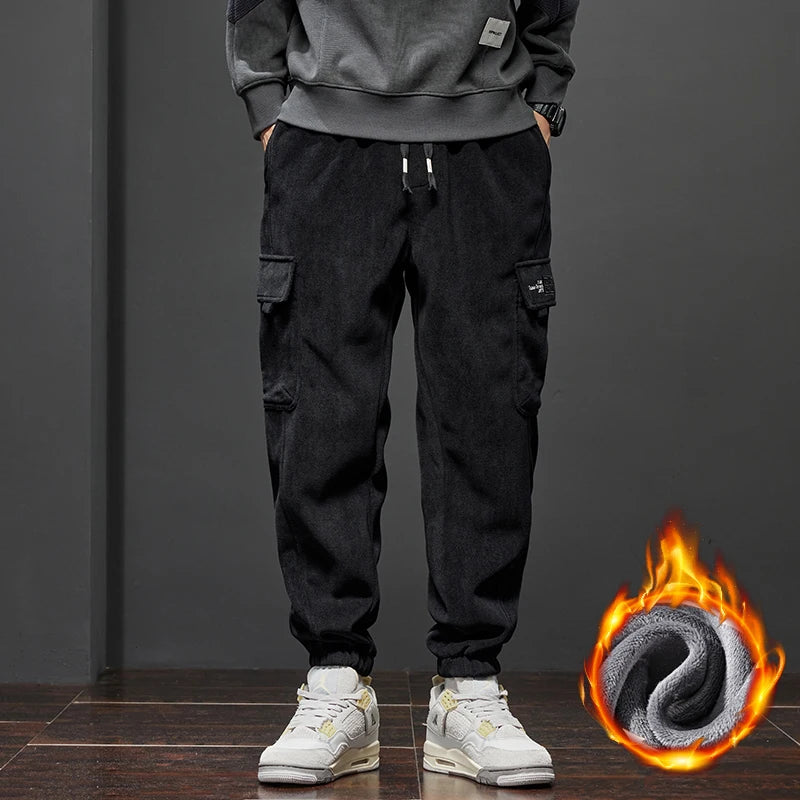 Winter Fleece Warm Men’s Corduroy Jogger Pants Thick Loose Cargo Harem Trousers Velvet Plush Casual Sweatpants
