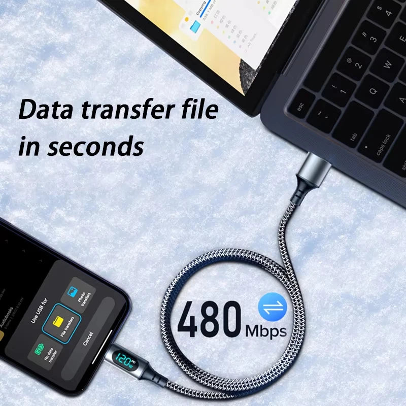 Ultra-Fast 120W USB A to Type C Data Cable with LED Display