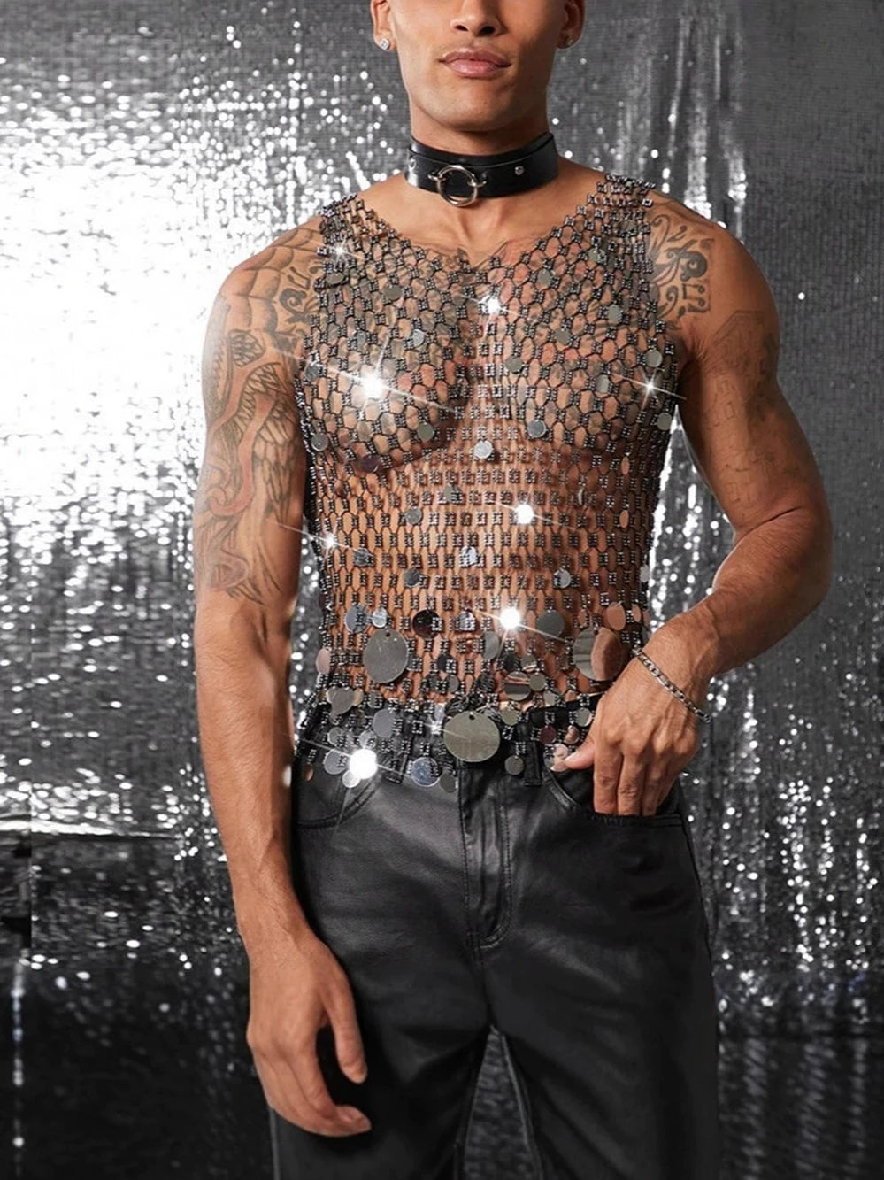 Shiny Rhinestone Fishnet Tank Top for Men | Perfect Party Wear