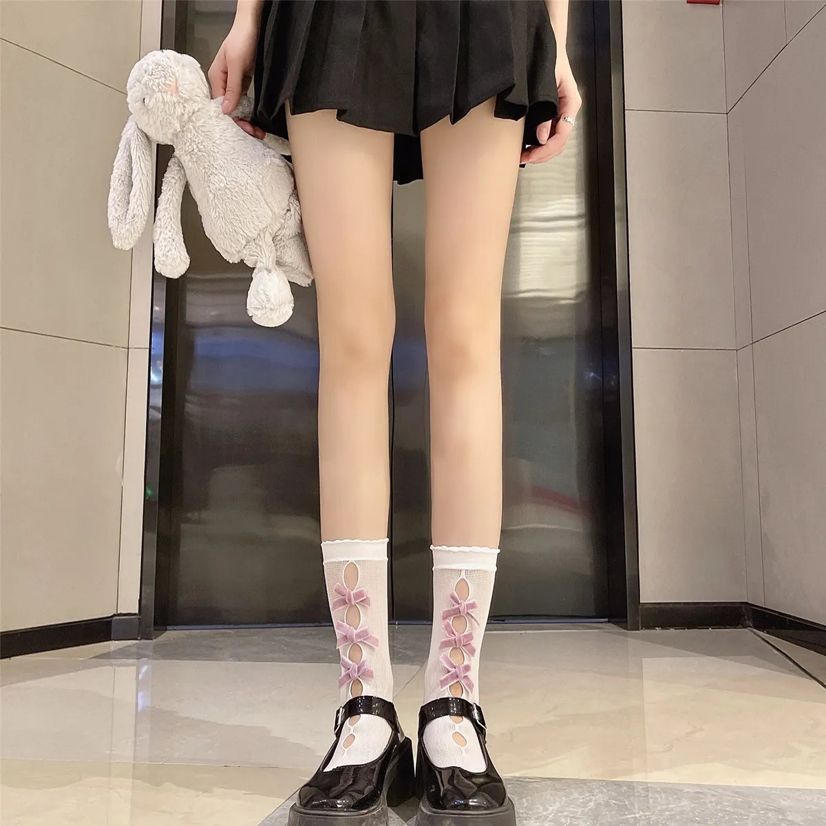 Kawaii Hollow Out Mesh Fishnet Socks | Cute Bow Long Stockings