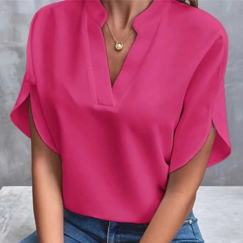 Women's Summer Solid Color Casual V-Neck Short Sleeve Shirt