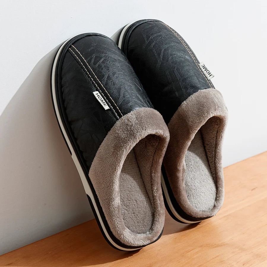 Men's Winter Waterproof PU Slippers | Warm & Comfortable Indoor Shoes
