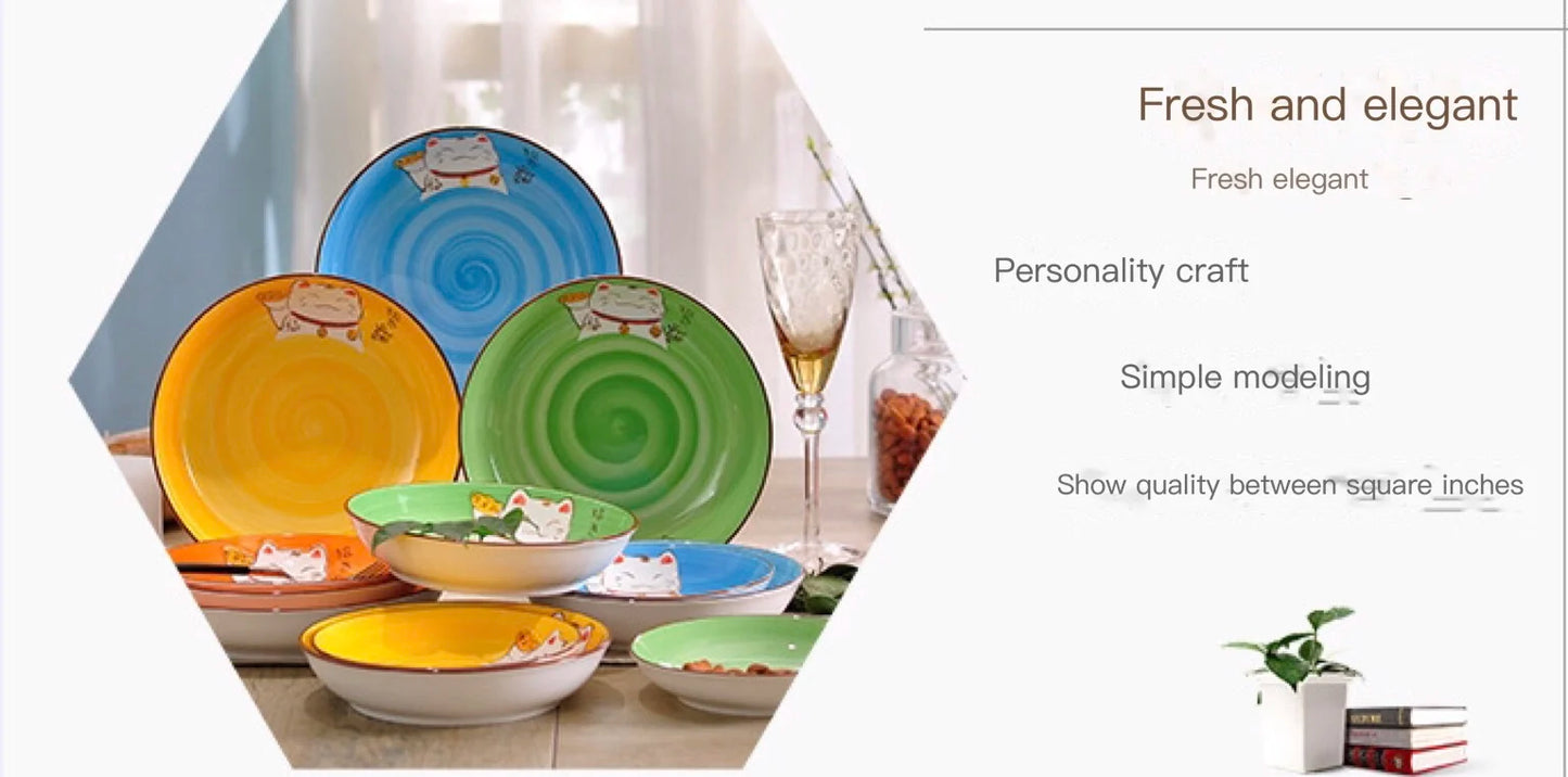 Multi-Color Cartoon Lucky Cat Round Ceramic Plate | Joyful Dining