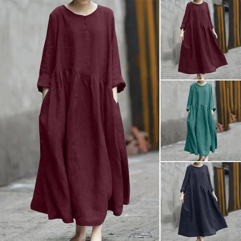 Women's Asymmetrical Cotton Linen Long Dress | Stylish Autumn Wear