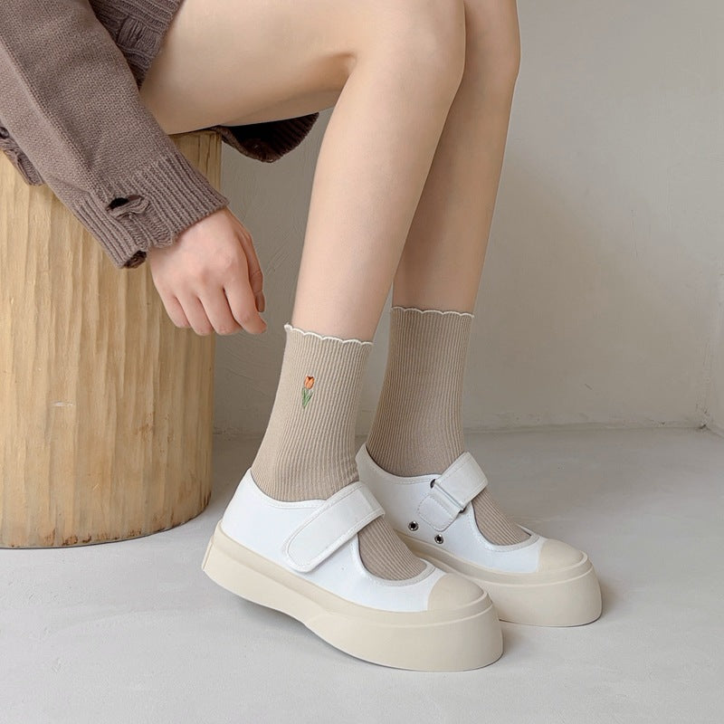Women's Autumn Floral Embroidery Crew Socks | Cute Kawaii Style