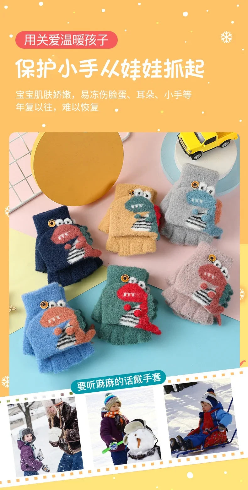 Kawaii Cartoon Dino Kids Half Finger Gloves | Winter Warmth for Fun