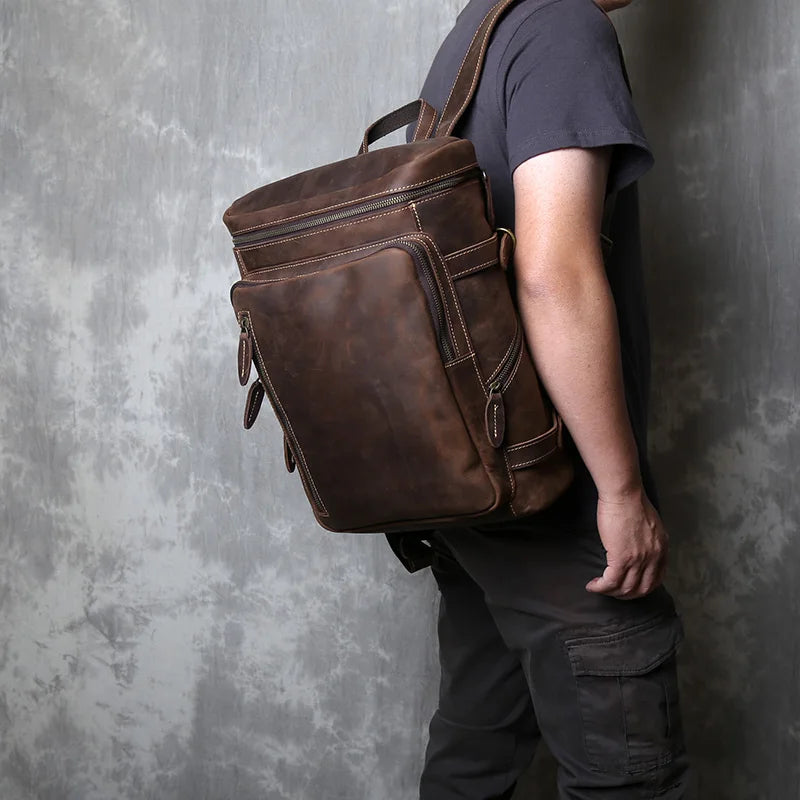 Retro Leather Vertical Backpack | Large Capacity Travel Bag for Men