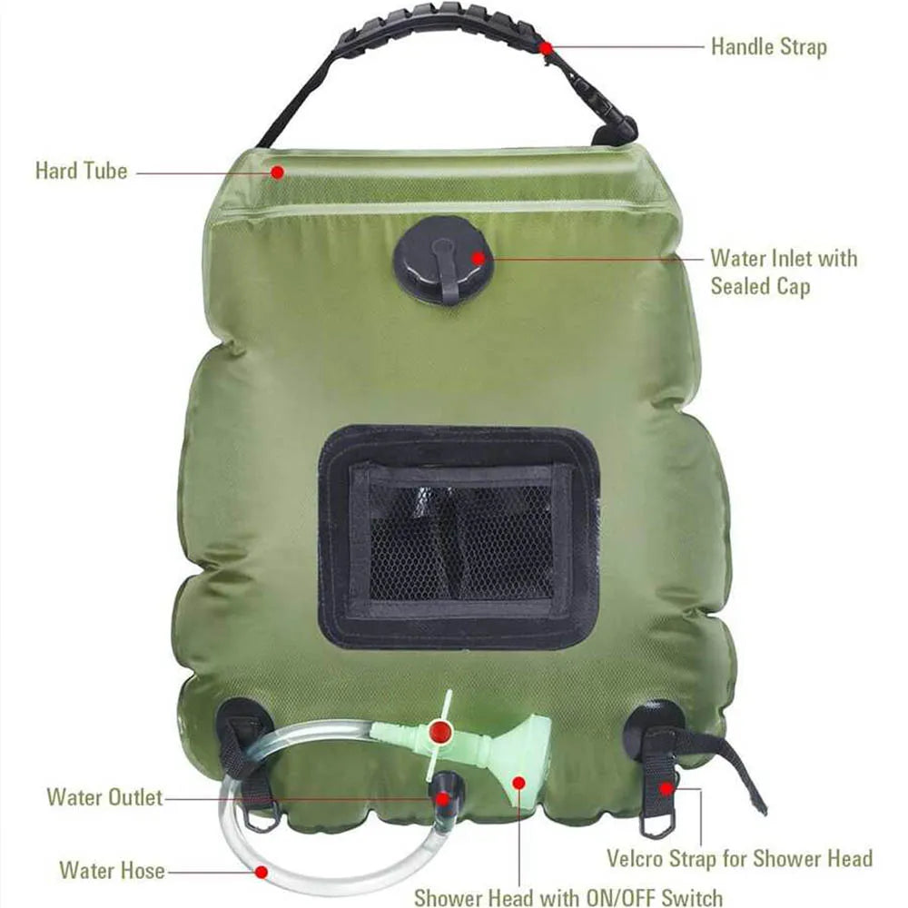 20L Outdoor Solar Shower Bag | Heated Camping Shower with Hose