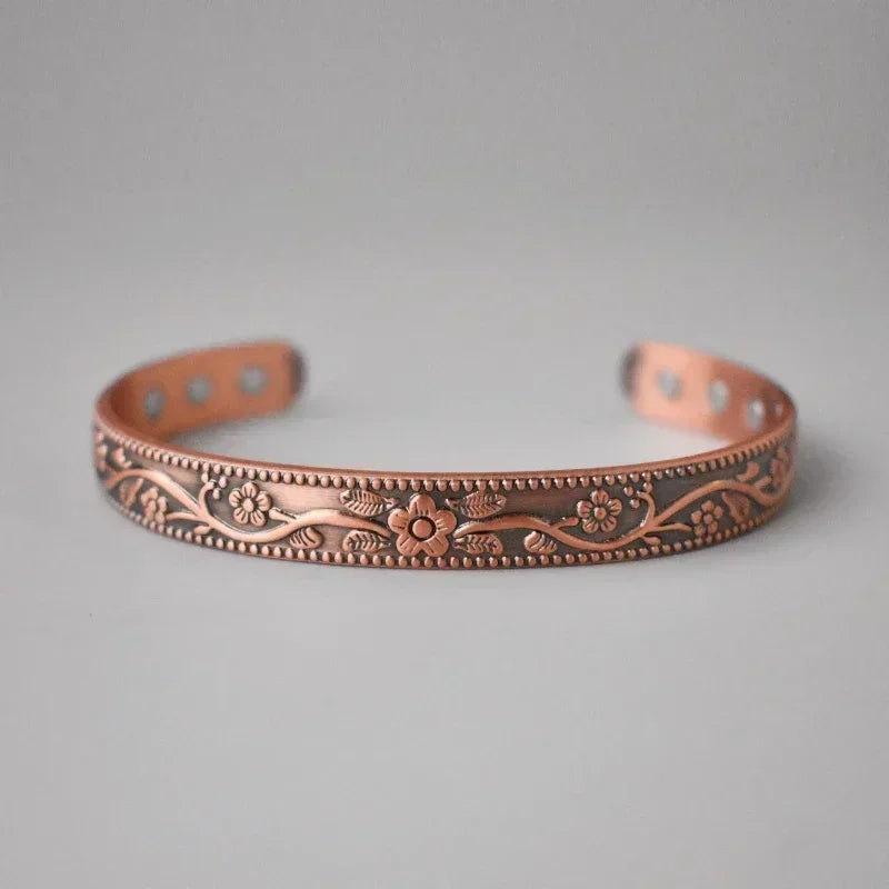 Vintage Floral Engraved Solid Copper Magnetic Therapy Cuff Bracelet