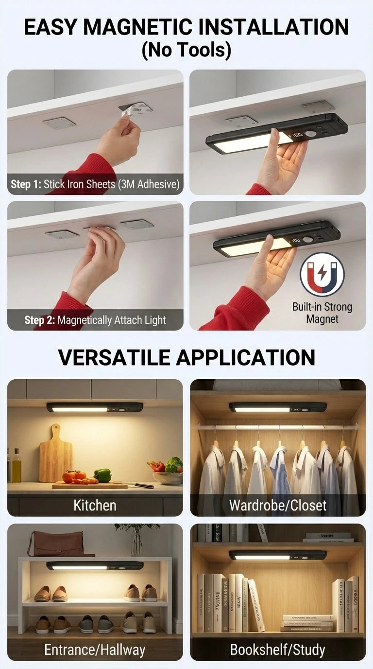 Luz LED ultra fina con sensor de movimiento para debajo de armarios | Recargable