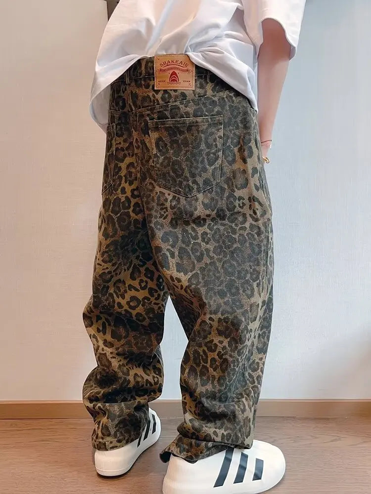 Men's Oversized Leopard Print Denim Jeans | Trendy Streetwear Style