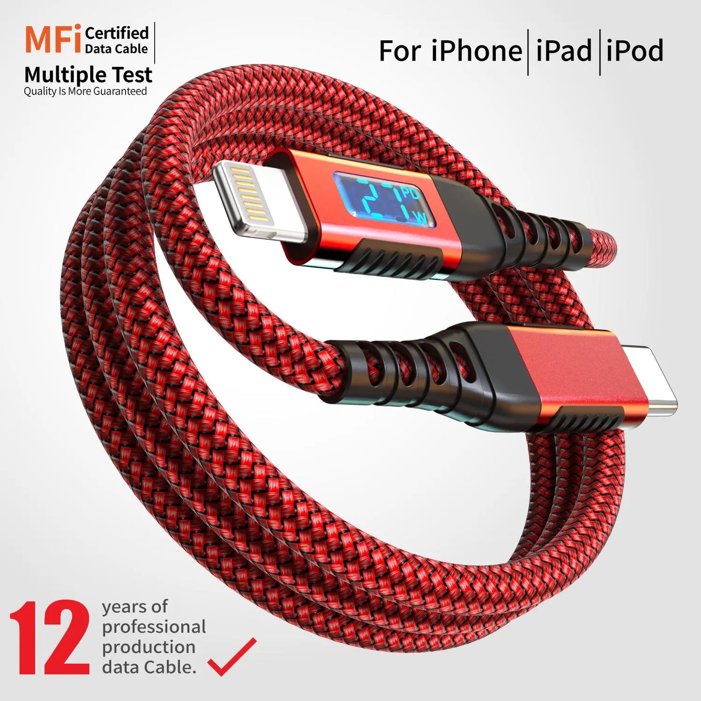 MFi-Certified USB-C to Lightning Fast Charging Cable with LED Display