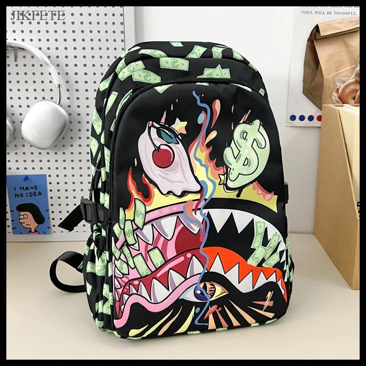 Stylish Shark Mouth Print Backpack | Versatile School & Travel Bag