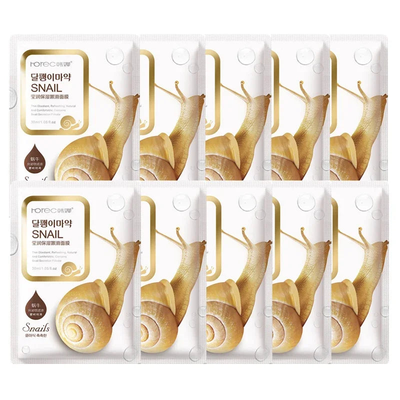 10pcs Snail Moisturizing Face Masks | Deep Hydration & Oil Control