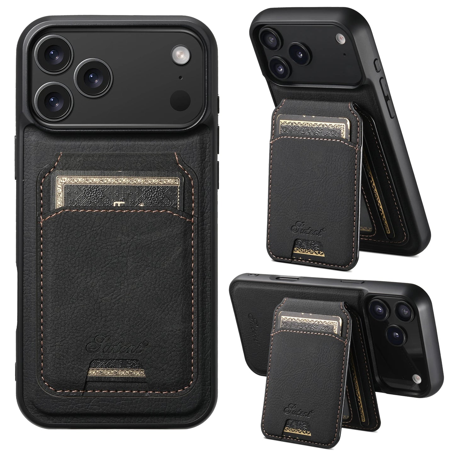 SUTENI Wireless Charging Phone Case Magnet Card Holder Stand Faux Leather For iPhone 17 Pro Max 16 Plus 15 14 13 12