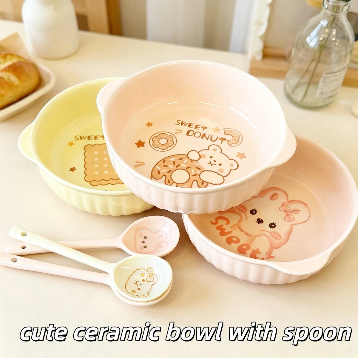 Cute Cartoon Bear Rabbit Ceramic Bowl with Spoon | Microwave & Dishwasher Safe