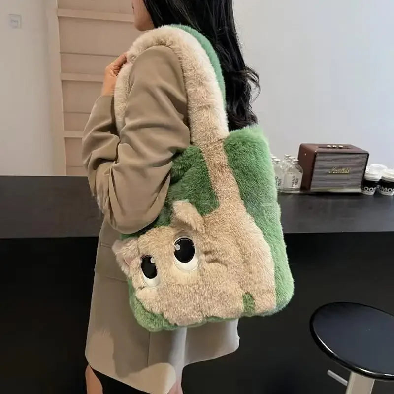 Cute Cartoon Women's Cat Pattern Tote Bag | Plush Shoulder Handbag