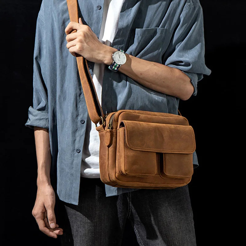 Handmade Crazy Horse Leather Crossbody Small Backpack for Men