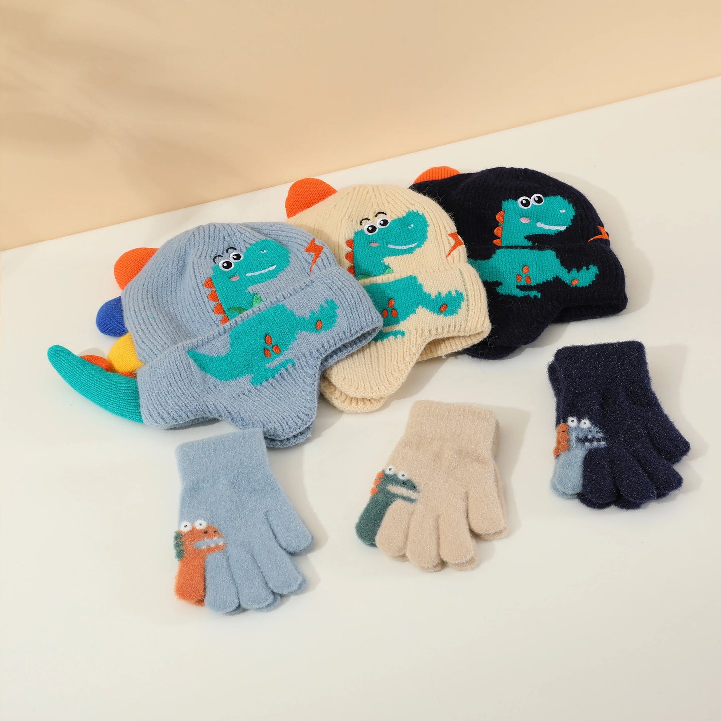 Kids Dinosaur Knitted Beanie & Glove Set | Warm Winter Essentials