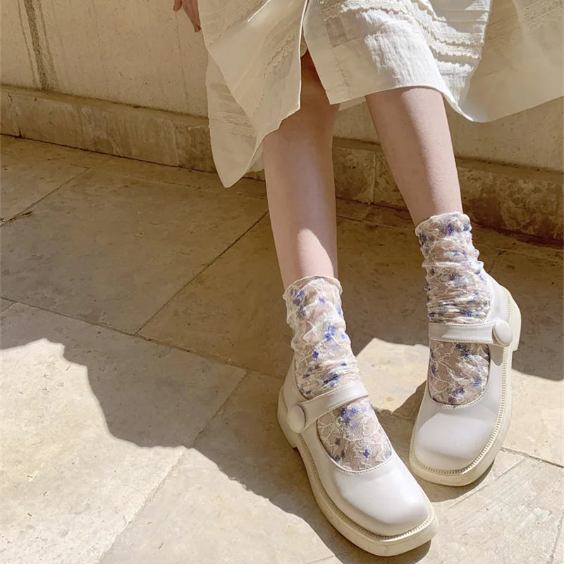 Stylish Korean Lace Flower Long Socks for Women | Breathable Comfort