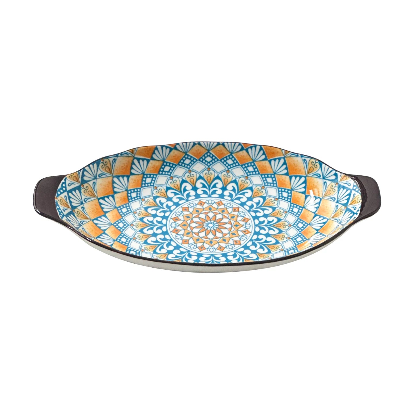 13-Inch Bohemian Double-Handle Ceramic Deep Plate for Seafood