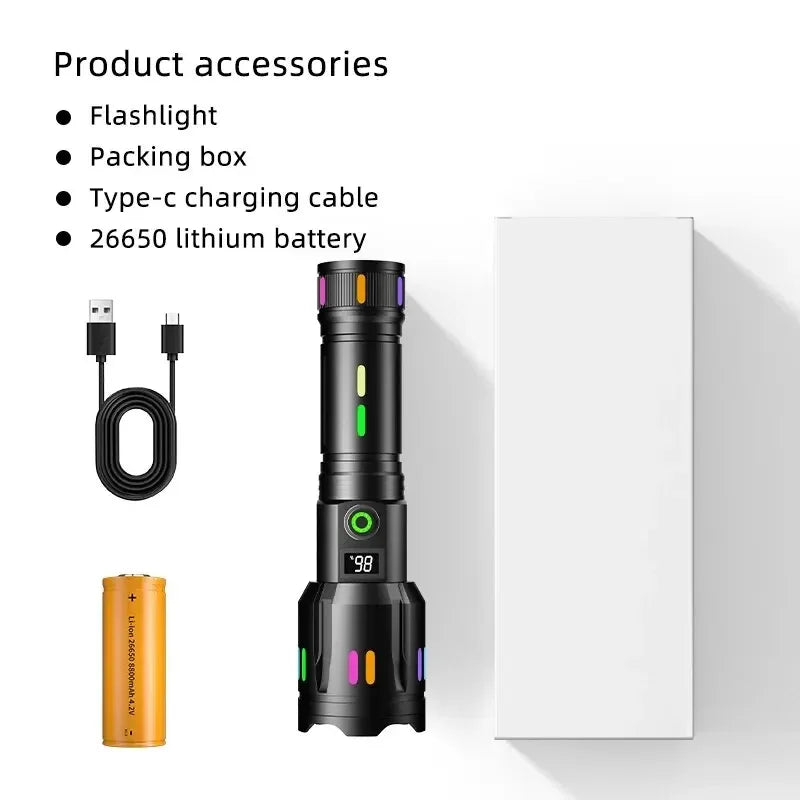 High Power Long Range LED Flashlight | Zoom & Colorful Light