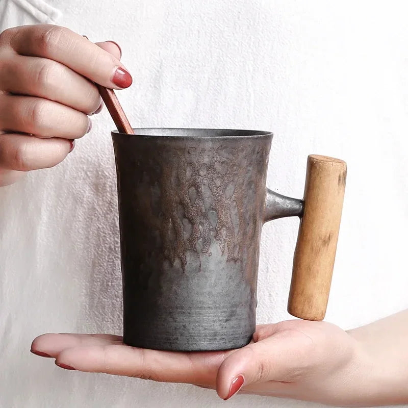 Vintage Ceramic Tea Cup Set with Wooden Handle | Elegant Drinkware