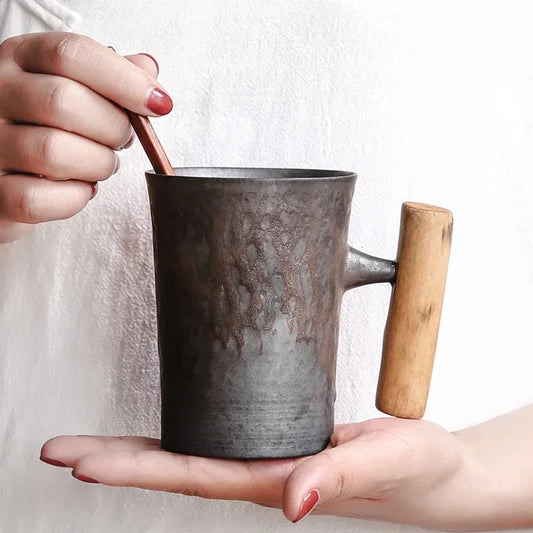 Juego de Tazas de Té de Cerámica Vintage con Asa de Madera | Vajilla Elegante