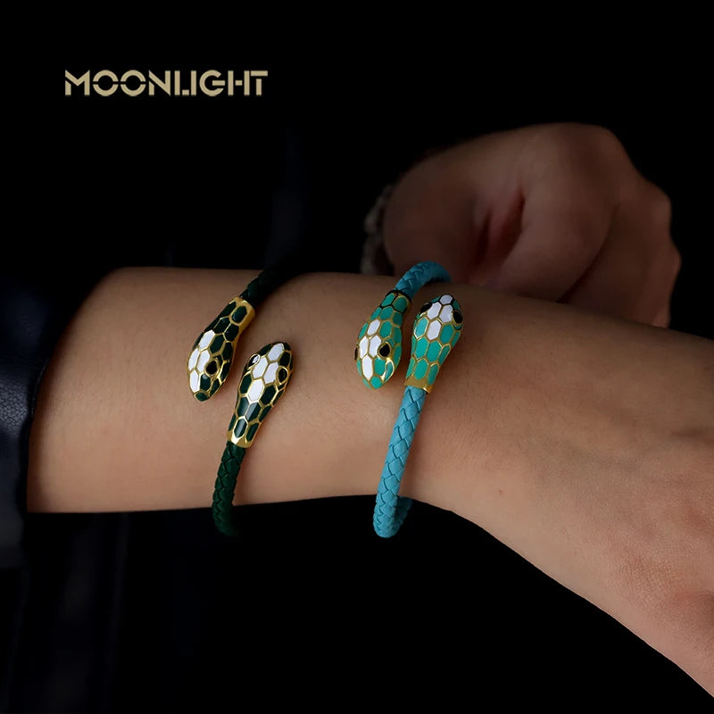 MOONLIGHT Classic Style Double Snake Head Cuff Bangles for Women Genuine Braided Leather Bracelets Female Fashion Jewelry Gifts