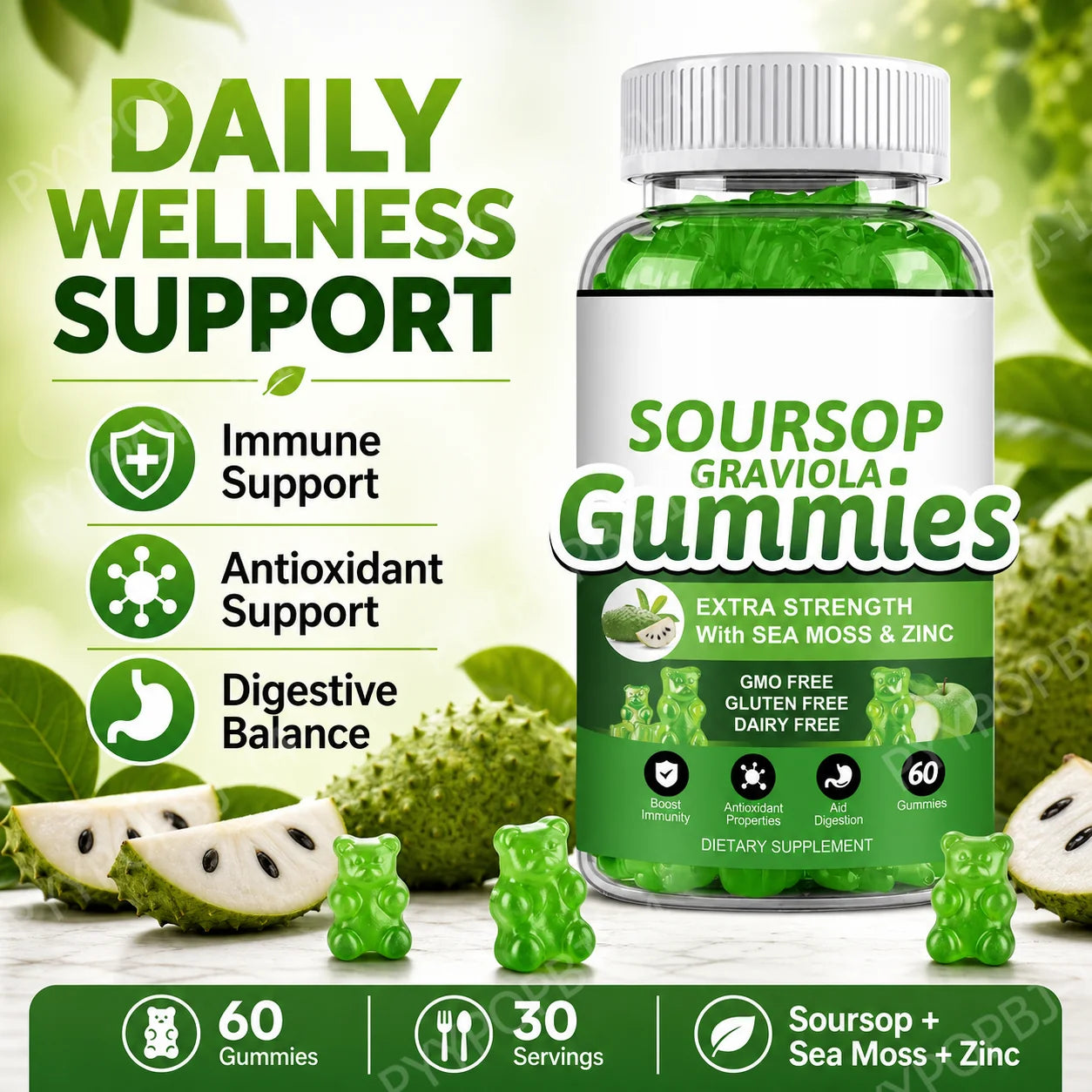 Soursop Graviola Gummies with Sea Moss & Vitamin C | Immune Support