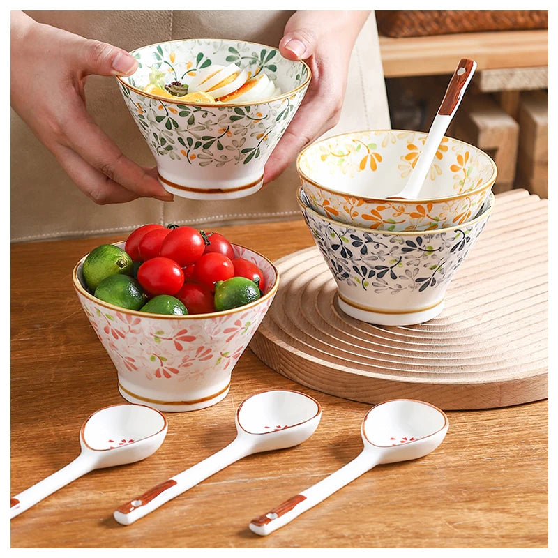 5 Inch Colorful Floral Ceramic Cone Bowls | Vintage Tableware