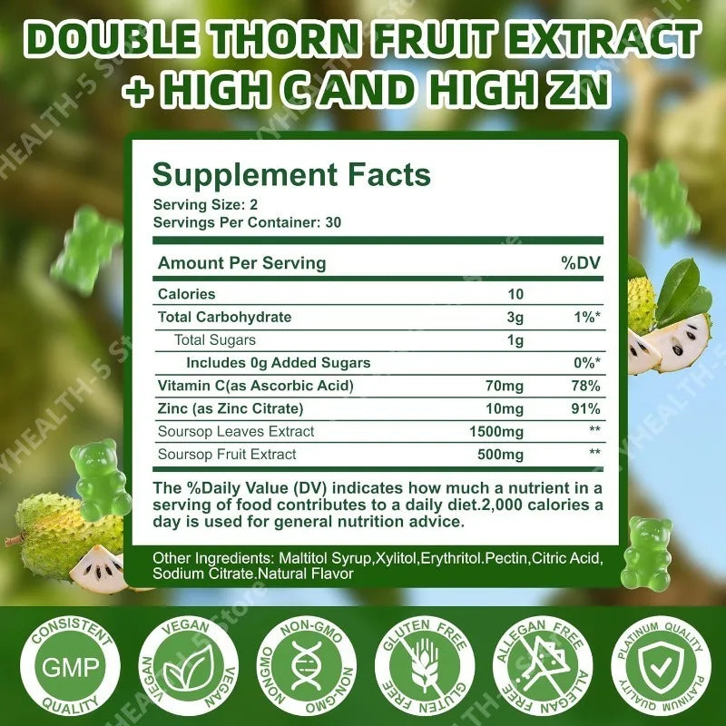 Soursop Graviola Gummies with Vitamin C & Zinc for Wellness