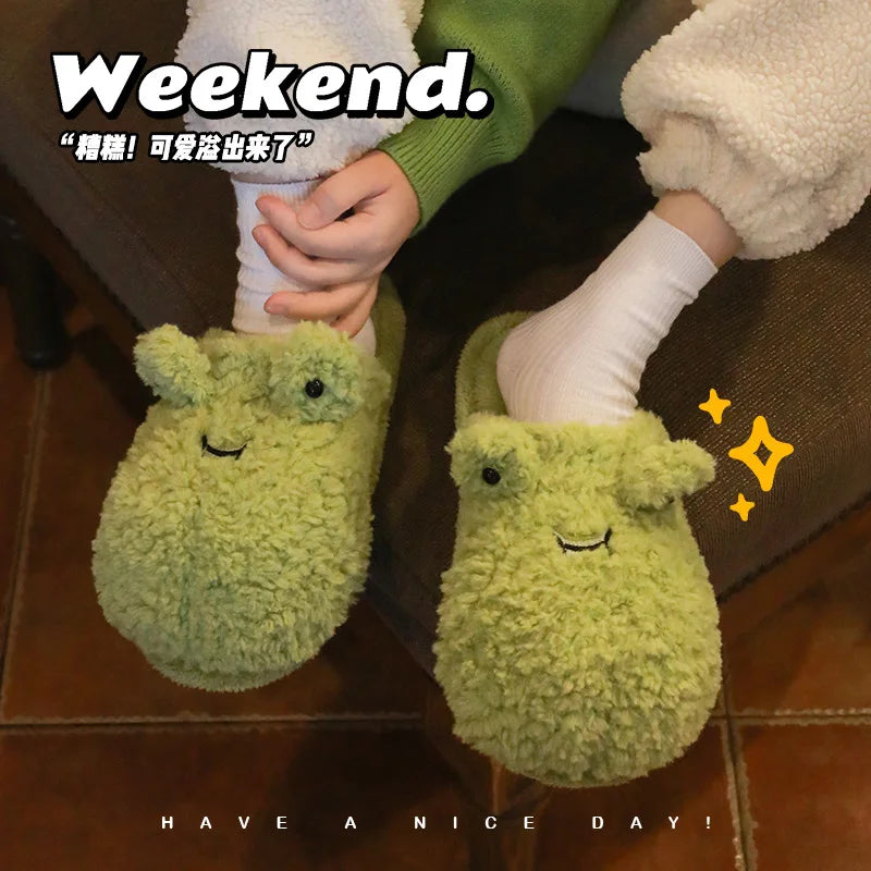 Lindas pantuflas de felpa de rana | Zapatillas de casa cálidas de dibujos animados