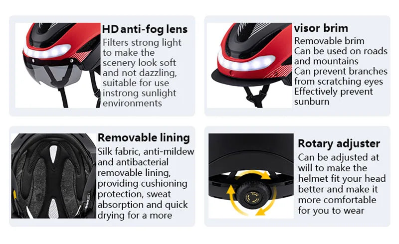 Ultralight Road Bicycle Helmet with LED Lights & Magnetic Goggles