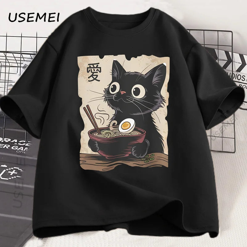 Funny Cat Ramen Graphic Tee | Kawaii Anime Cat T-Shirt