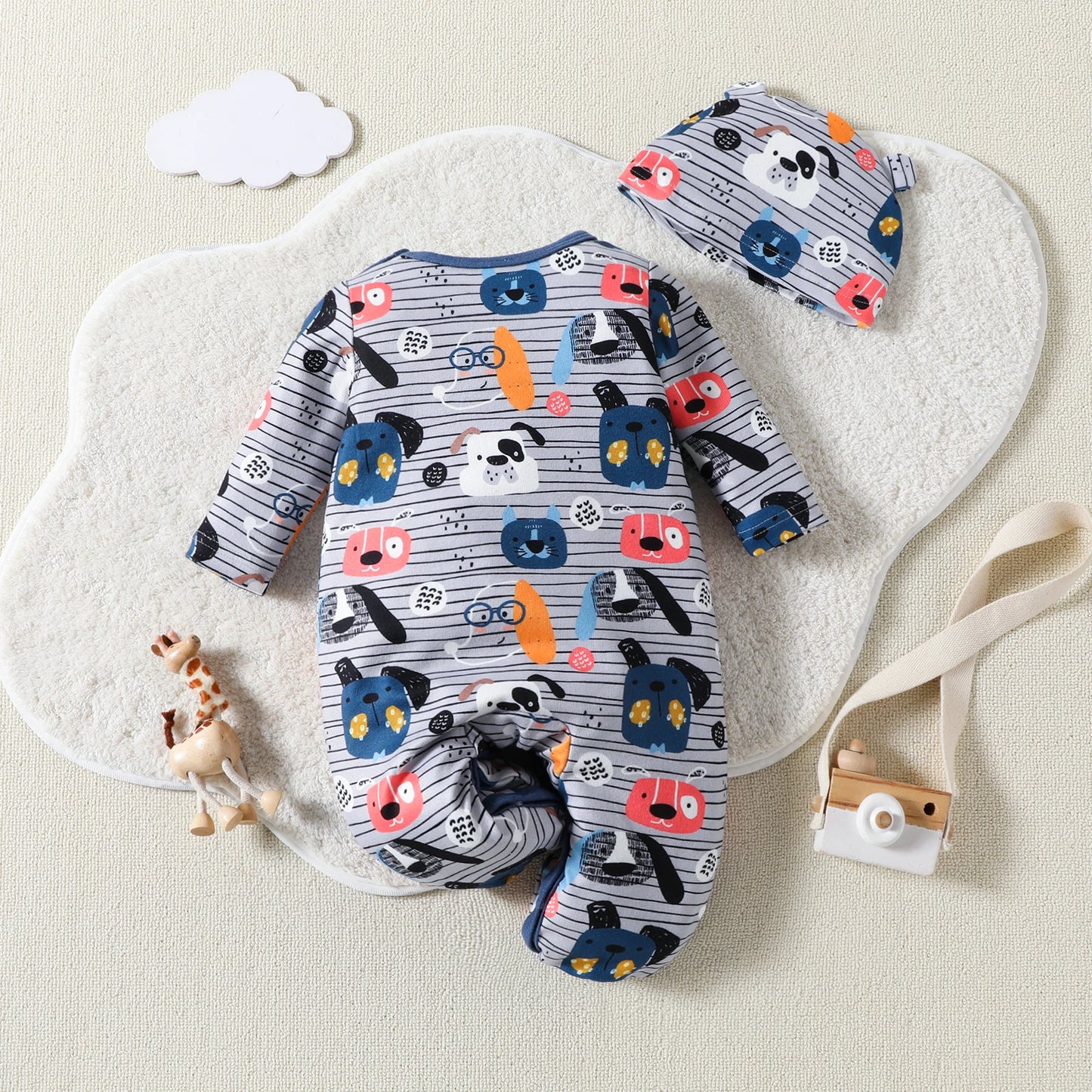 Adorable Baby Jumpsuit Set | Cute Puppy Stripes Hooded Romper