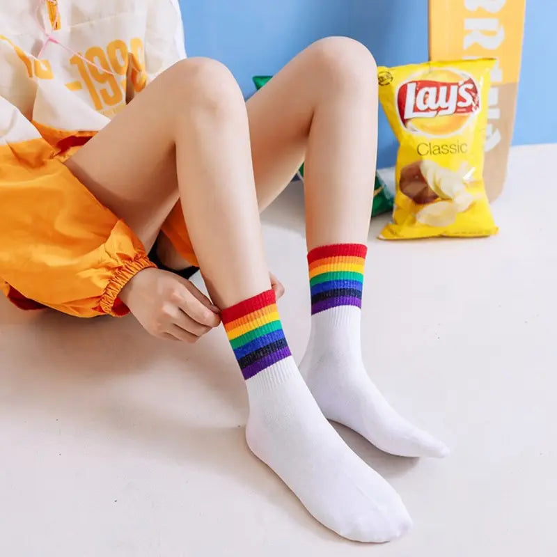 Trendy Women's Autumn Rainbow Striped Tube Socks | Stylish High Tops