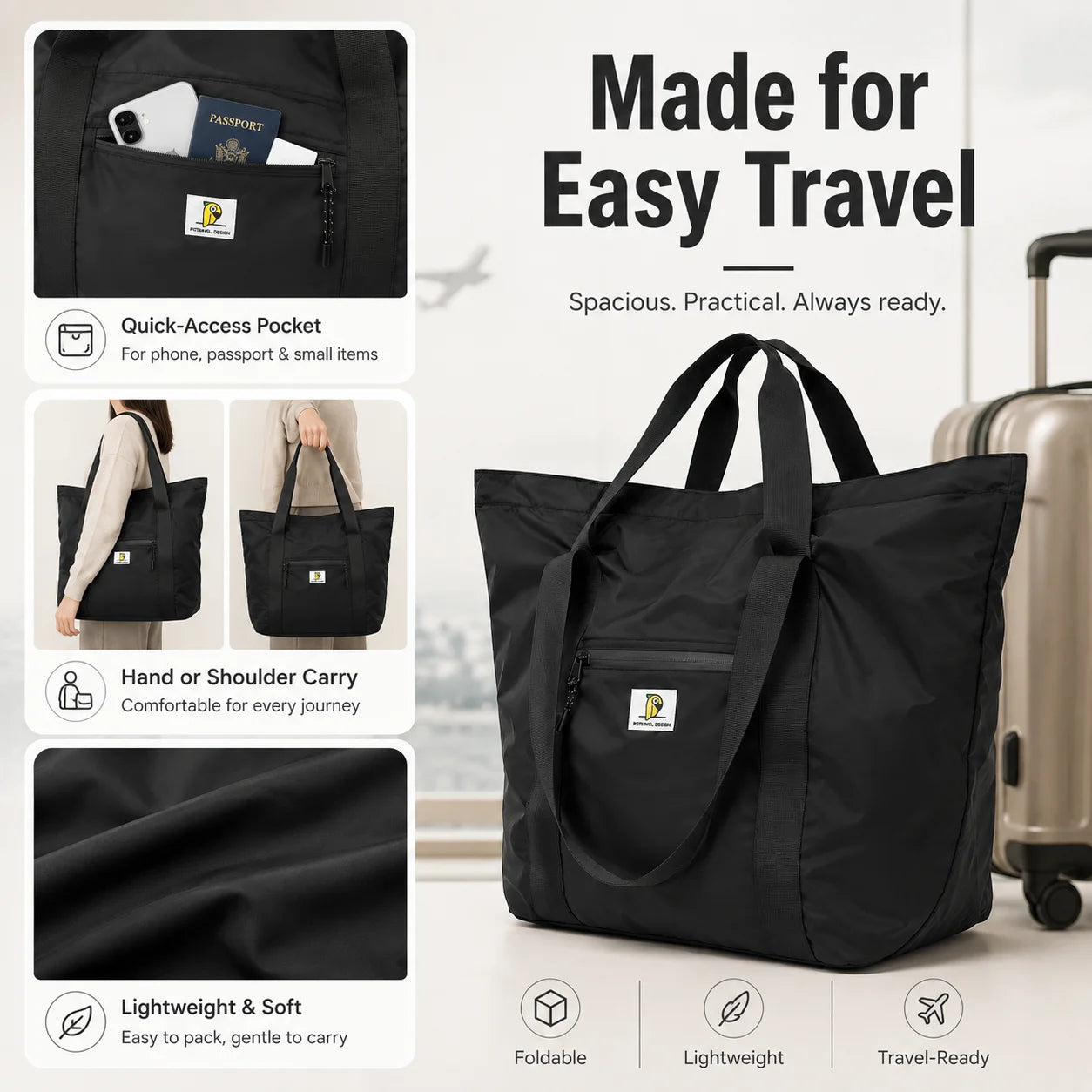 Foldable Travel Tote Bag | Large Waterproof Lightweight Weekender