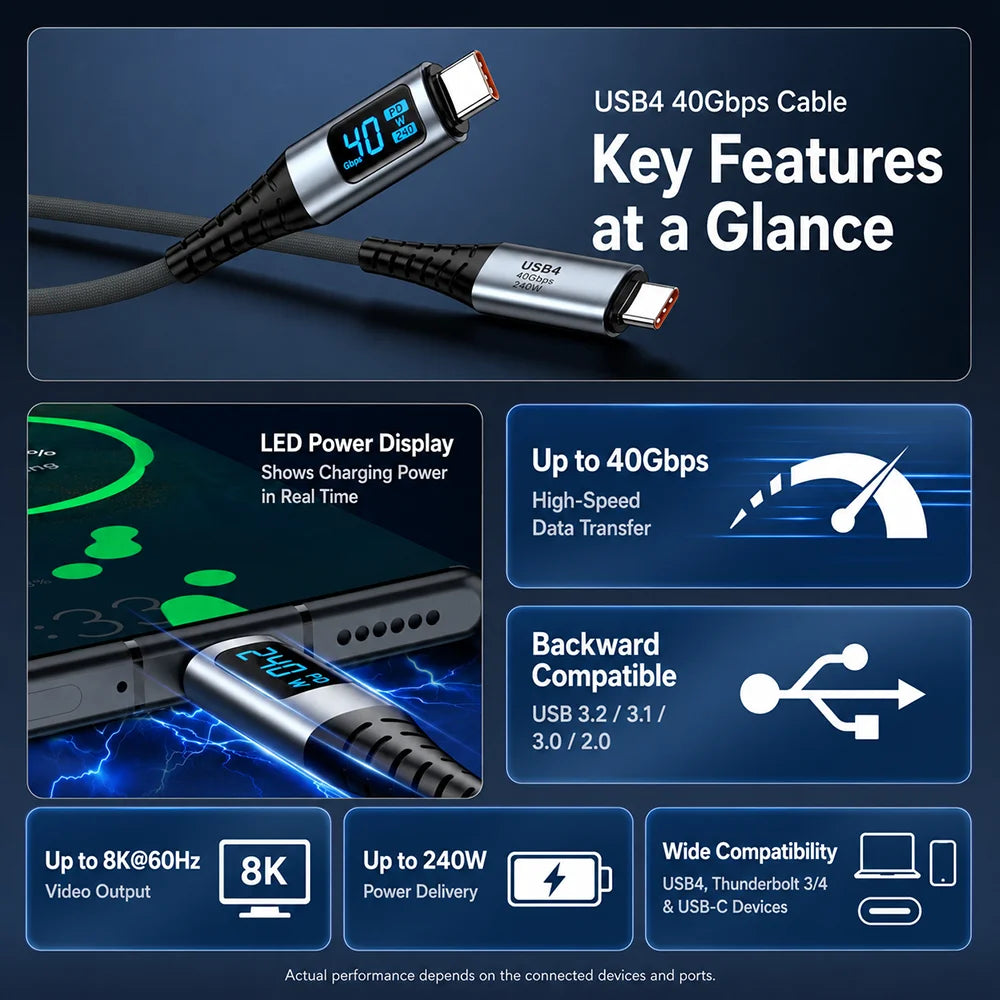 UGOjP USB4 Cable 240W PD Fast Charging with LED Display 40Gbps Data Transfer USB C to C Data Cable for Laptop Phone Tablet