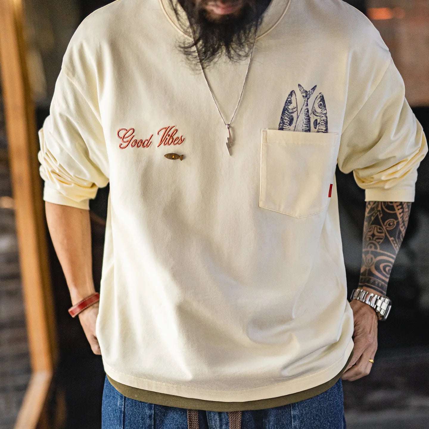 Men's Cotton Fish Printed Long Sleeve Tee | Casual Comfort Wear