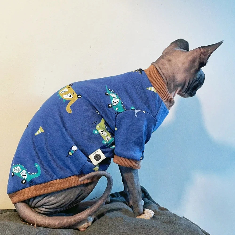 Cute Cartoon Dinosaur T-Shirt for Hairless Cats | Soft Cotton PJs